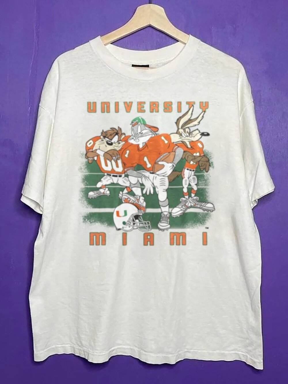 Vintage 90s University of Miami Hurricanes Looney Tunes Football Shirt, NCAA Tee